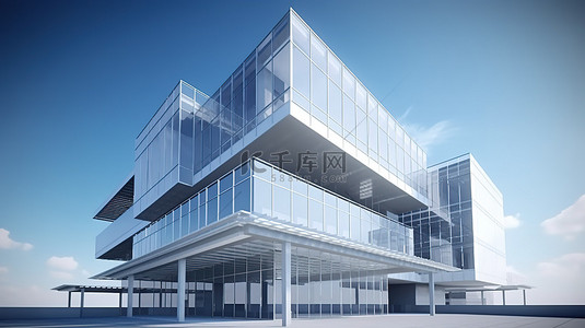 一座以 3D 形式描绘的现代建筑，配以清澈的蓝天