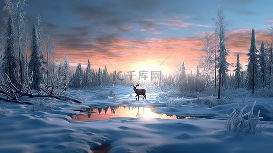 下雪的天空背景图片_宁静的北极早晨日出在白雪皑皑的森林中，田野中雄伟的雄鹿 3D 渲染图像