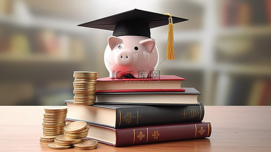 大猪背景图片_毕业帽的 3D 渲染，在一堆书籍和硬币上有一个存钱罐
