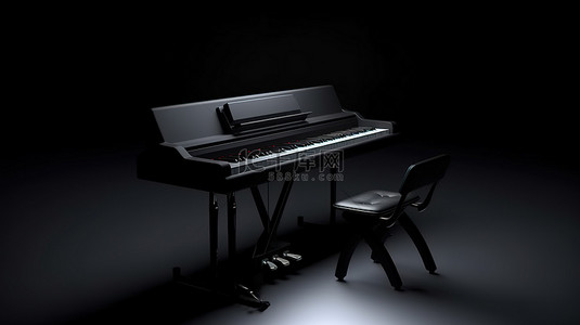灯光昏暗的音乐工作室中键盘支架的 3D 渲染