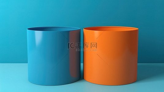 双色圆圈背景图片_双空橙色圆柱讲台，具有醒目的蓝色和橙色 3D 渲染