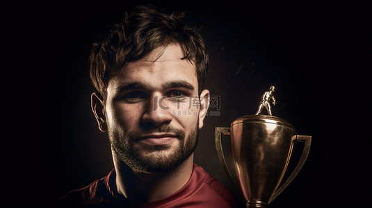 3D 合成图像，其中有微笑的橄榄球冠军拿着奖杯