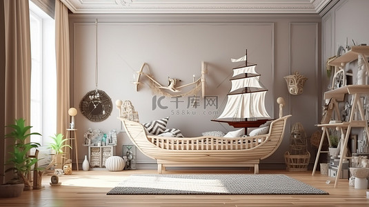 儿童卧室的 3D 渲染，配有白色床老式船架和各种玩具