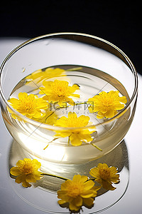 玻璃碗背景图片_玻璃碗中黄色花朵的图像