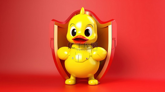 可爱的黄色人物鸭子吉祥物，带有红色金属屏蔽，可在使用 3D 技术创建的充满活力的黄色背景上提供保护