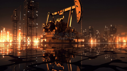 夜间油田开发剪影油泵和工业设备的 3D 渲染