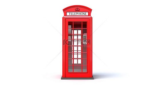 3D 渲染的红色英国电话亭与白色背景上的手机形成鲜明对比