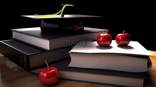 带帽小精灵背景图片_学术主题 3D 打开书，带苹果毕业帽和一堆书