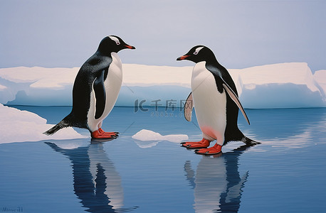 冰上嬉戏背景图片_两只企鹅坐在一块冰上