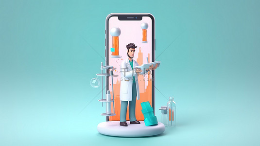 一位男医生在智能手机屏幕上拿着大注射器的卡通风格 3D 插图