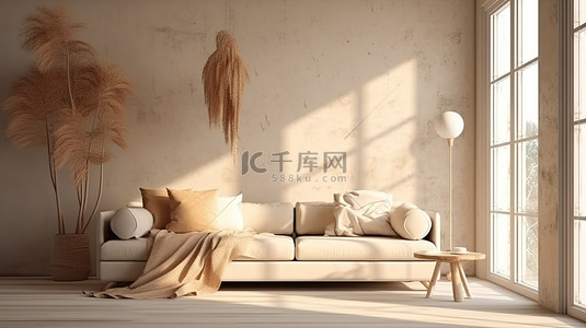 波西米亚风格的客厅，配有阳光照射的米色内饰和现代斯堪的纳维亚风格的 3D 渲染