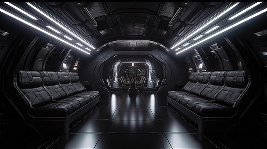 科幻金属黑背景图片_带家具的宇宙飞船的黑色内部令人惊叹的 3D 渲染
