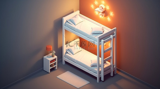橙子香蕉游戏背景图片_等距卧室内配有白色单色双层床和落地灯，配有 3D 图标