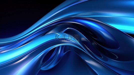 优雅的线条背景 3D 渲染蓝色霓虹灯形状，两侧光滑的蓝色物体