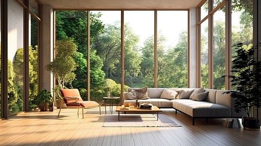现代生活区，配有宽敞的窗户和 3D 渲染插图中的风景