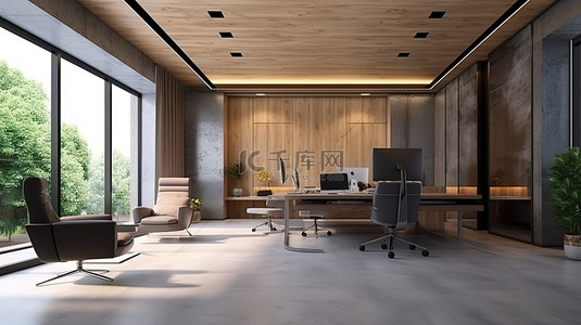 日光工作场所的概念 3D 渲染，配有家具木质和混凝土墙壁和地板以及豪华室内设计