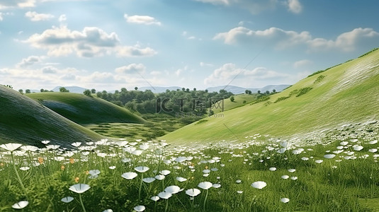 山丘草原背景图片_3D 渲染宁静的景观连绵起伏的山丘，绿草茂盛，白花丛生