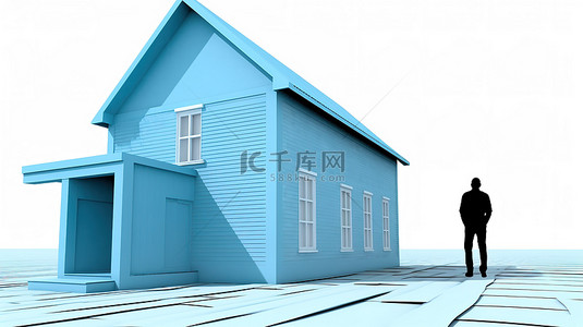 屋顶人物背景图片_白色背景下的蓝色房子旁边的人物