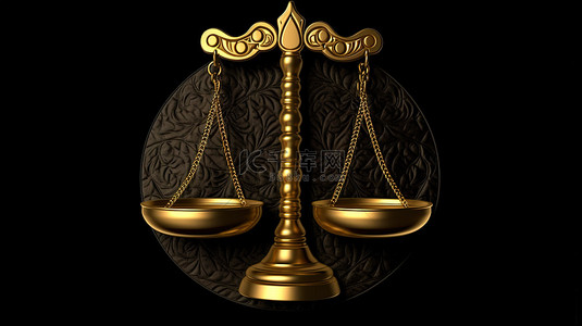 镀金的正义徽章 3D 插图，以黑纸背景上的法律符号为特色