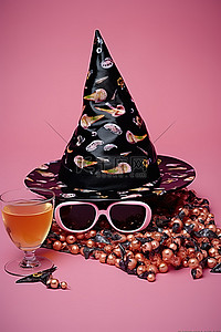 巫婆眼镜背景图片_一顶女巫帽眼镜和一碗糖果