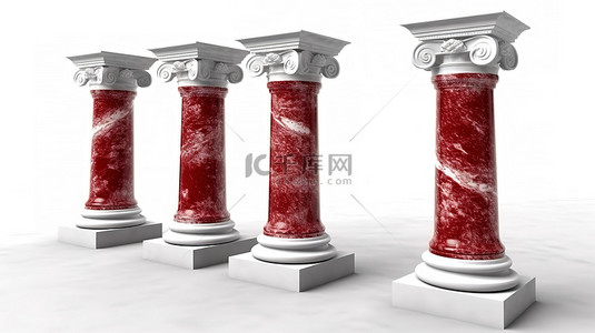 白色背景下带有柱子的永恒红色大理石栏杆的 3D 渲染