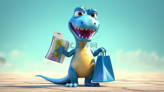 霸王龙可爱背景图片_手里拿着购物袋的搞笑 3D 恐龙
