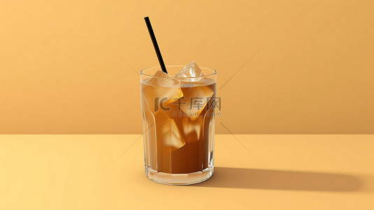 饮背景图片_米色背景 3d 渲染上带稻草的玻璃冰饮料中的茶点