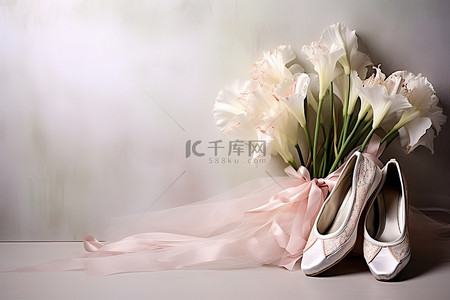 百合花朵背景图片_芭蕾舞女演员芭蕾舞鞋和背景上的花朵