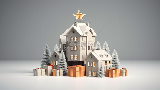 灰色背景下圣诞树下的房屋和礼品盒的 3D 渲染