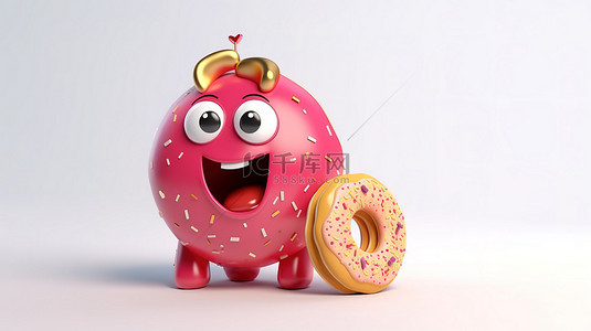 3D 渲染的吉祥物是一个大的粉色釉面甜甜圈，白色背景上有存钱罐和金币