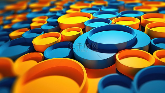橙色圆圈背景图片_蓝色橙色和黄色 3D 渲染圆形形状的抽象插图