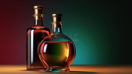 红瓶子样机背景图片_彩色杵背景下酒精瓶的模型准备好 3d 再现