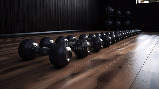 健身室概念 3D 渲染哑铃和木地板上的健身器材