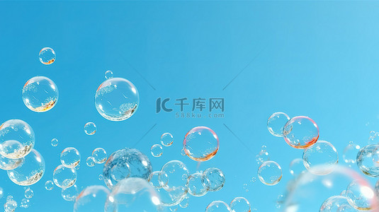 透明氣泡背景图片_在 3D 全景视图中呈现的蓝色背景下闪闪发光的肥皂泡