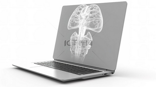 笔记本显示器的孤立白色背景 3D 渲染显示大脑的 X 射线扫描