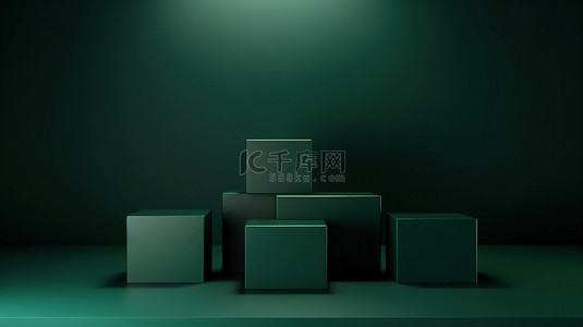 时尚奢侈品背景图片_简约 3D 讲台架，具有抽象深绿色方形背景，用于产品展示摄影