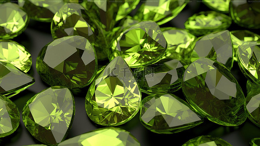 首饰设计展板背景图片_各种形状和色调的橄榄石宝石的 3D 渲染