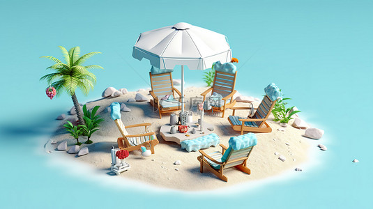 对蓝色背景图片_使用海滩场景的 3D 渲染元素对蓝色背景进行等距渲染