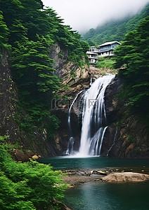 安逸山村背景图片_朝鲜的山村瀑布