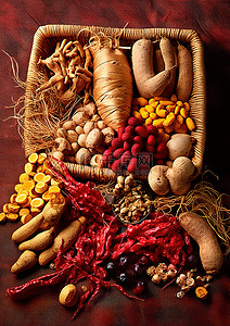 食品坚果背景图片_篮子里的各种坚果和其他食物