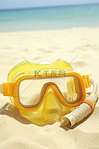 通气管背景图片_海滩上的黄色潜水面罩通气管和护目镜