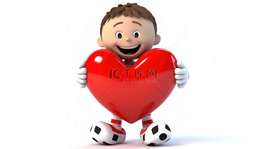 足球运动卡通人物背景图片_可爱的足球明星 3d 白色与心