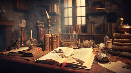 书复古背景图片_中世纪环境中学术书桌上的古董手稿和古董书籍以 3D 渲染