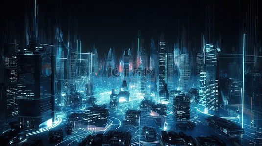 一个充满未来感的大都市，通过 3D 动态图形和全息图技术展示尖端的城市设计人工智能和智慧城市概念