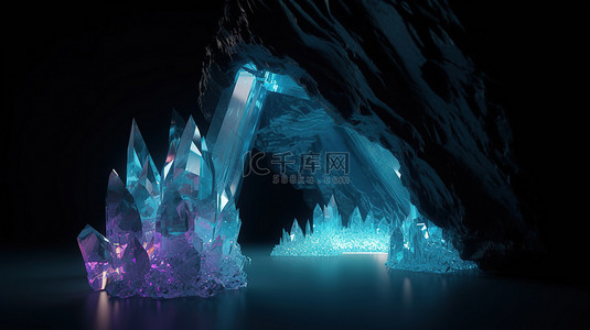 3d 渲染中的发光水晶宝石洞穴
