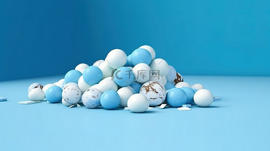 食物背胶背景图片_浅蓝色背景的 3D 渲染与分散的蓝色和白色涂层巧克力糖果
