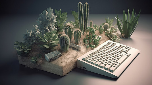 仙人掌装饰的键盘和鼠标揭示了 3D 渲染计算机编程开发概念