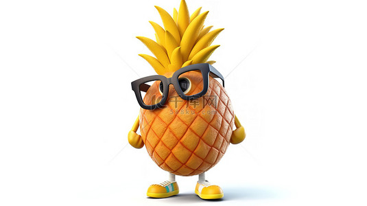 新鲜水果篮背景图片_色彩缤纷的时髦菠萝吉祥物在白色背景 3d 渲染上运球