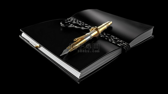 深色背景 3D 渲染上光滑的黑色记事本和笔