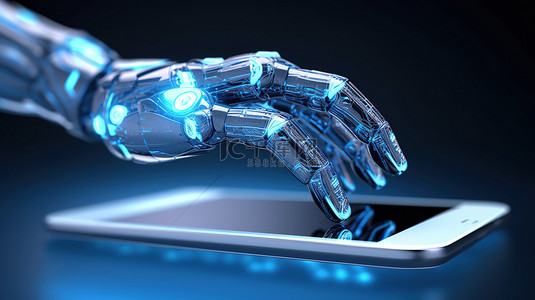 手机空白屏幕背景图片_人工智能机器人或机器人手持手机与空白屏幕移动银行技术的现代呈现